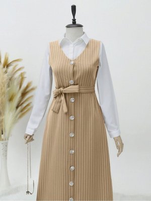 Boydan Düğmeli Kuşaklı Çizgili Jile