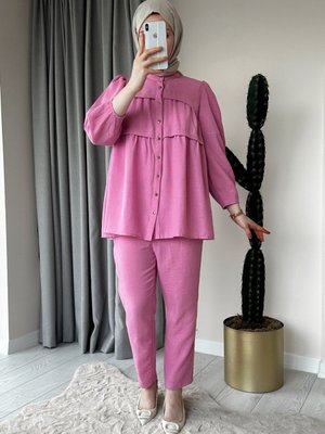 Düğmeli Kat Kat Pembe Aerobin Takım