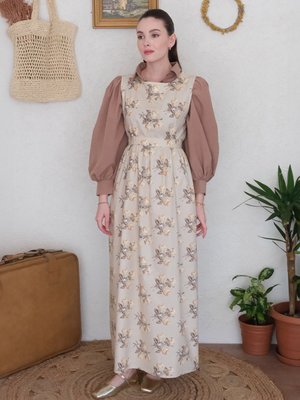 Sarı Gül Desen Jile & Karamel Klasik Yaka Crop Gömlek Takım