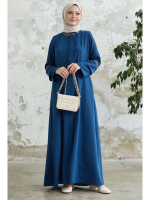 Bağcık Detay Nakışlı İndigo Ferace Bağcık Detay Nakışlı İndigo Ferace