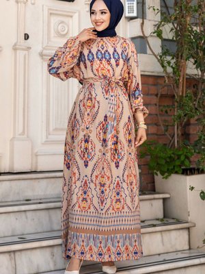 Etnik Desenli Beli Kuşaklı Viskon Elbise