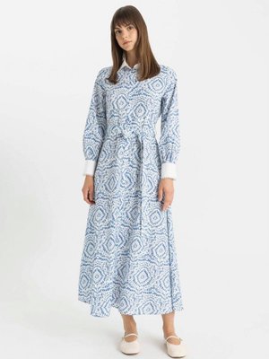 Desenli Uzun Kollu Poplin Maxi Elbise C9719ax24hs