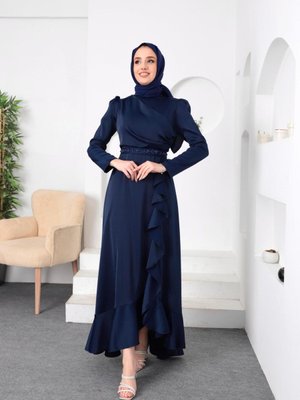 Kuşağı Boncuklu Saten Abiye Elbise Lacivert