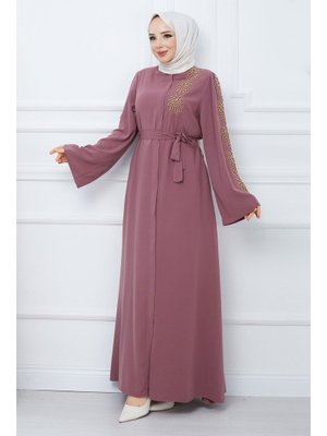 Gül Kurusu Kolu Boncuk İşlemeli Kuşaklı Ferace Gül Kurusu Kolu Boncuk İşlemeli Kuşaklı Ferace
