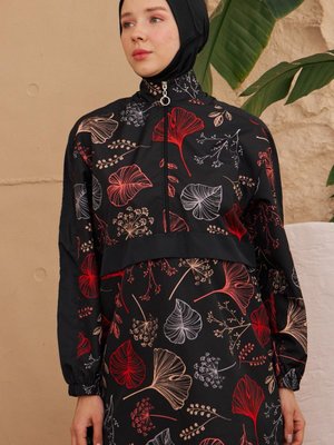 Siyah Dokuma Kanguru Model Gelincik Desen Tam Kapalı Mayo