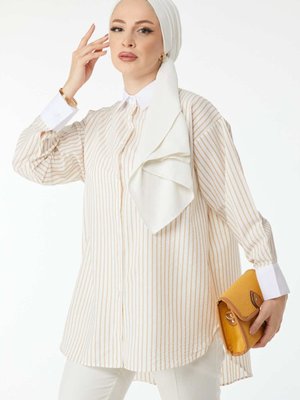 Düz Gömlek Yaka Bej Uzun Kollu Çizgili Tunik