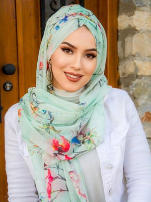 Su Yeşili Çiçek Hazır Şifon Şal