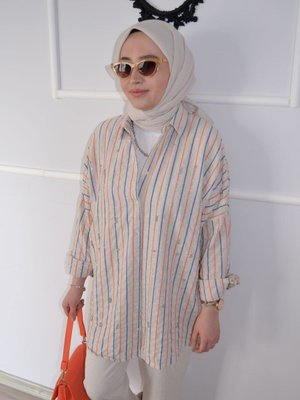 Çizgili Keten Taş Detay Oversize Tesettür Gömlek Tunik