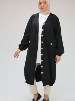 Siyah Büyük Beden Düğmeli Cepli Keten Airobin Kap