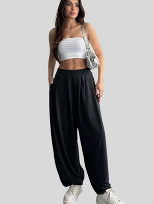 Siyah Beli Lastikli Şalvar Pantolon