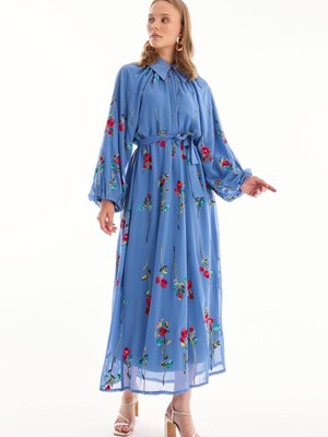 Çiçek Desenli Nakışlı Şifon Elbise İndigo