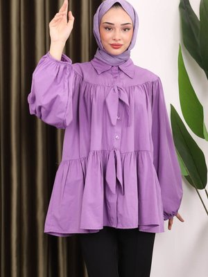 Lila Katlı Kol Lastikli Fiyonklu Gömlek
