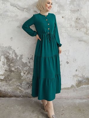 Pamela Düğmeli Ayrobin Elbise Zümrüt Yeşili