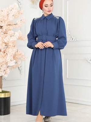 İndigo Taş Detaylı Krep Ferace İndigo Taş Detaylı Krep Ferace