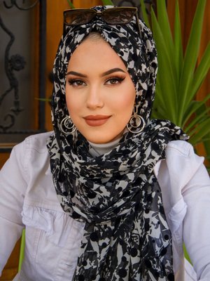 Desenli Hazır Şifon Şal Siyah Beyaz