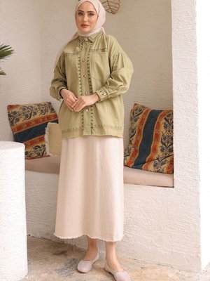 Haki Nakışlı Cepli Ceket