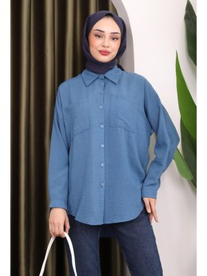 İndigo Cepli Keten Gömlek