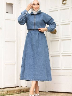 Önden Yarım Fermuarlı Kemerli Kot Elbise Mavi