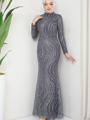 Gri Hakim Yaka Simli Abiye Elbise