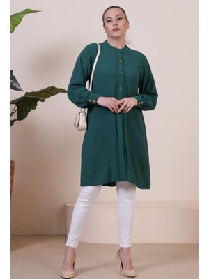 Zümrüt Yeşili Kadin Buyuk Beden Tesettur Tunik Düğmeli Ayrobin Kumaş