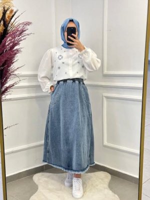 Püsküllü Kot Etek Buz Rengi