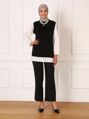 Siyah Poplin Garnili Triko Tunik