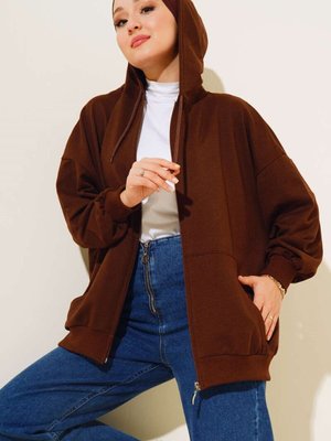 Kapüşonlu Fermuarlı Cepli Hırka