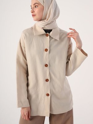 Bej Cepli Tahta Düğmeli Gömlek Yaka Keten Ceket