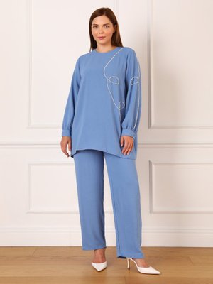 Mavi Büyük Beden İncili Tunik & Pantolon İkili Takım