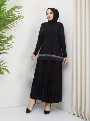 Siyah Sandy Önü Ve Kolları Dms Taş Işlemeli Bluz Etek Piliseli İkili Etekli Takım