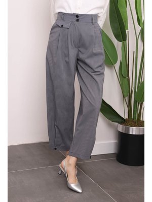 Gri Yüksek Bel Çizgili Paça Detaylı Kumaş Pantolon