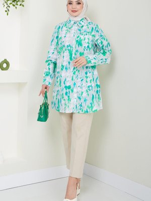 Kazayağı Desenli Cepli Büyük Beden Tunik Yeşil Kazayağı Desenli Cepli Büyük Beden Tunik Yeşil