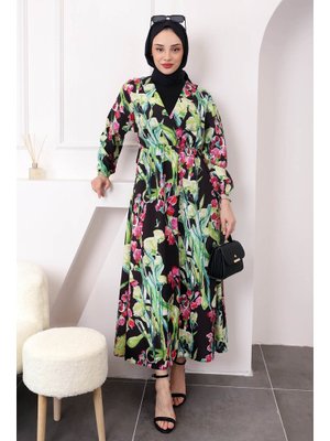 Siyah Kol Bel Lastikli Desenli Elbise Siyah Kol Bel Lastikli Desenli Elbise