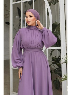 Lila Asel Şifon Abiye Elbise