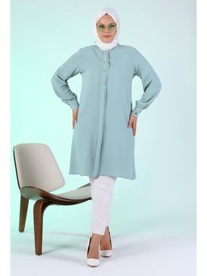 Su Yeşili Kadin Buyuk Beden Tesettur Tunik Düğmeli Ayrobin Kumaş