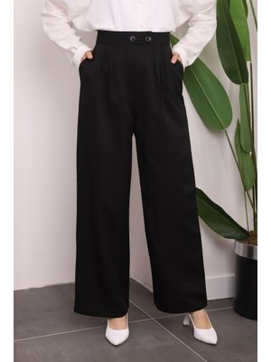 Siyah Yüksek Bel Bol Paça Kumaş Pantolon