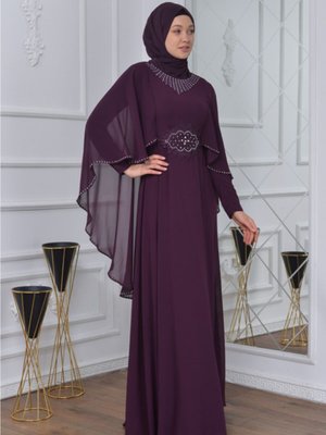 Pelerinli Abiye Elbise Mor