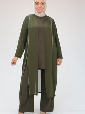 Haki Büyük Beden Taş Baskılı Üçlü Takım