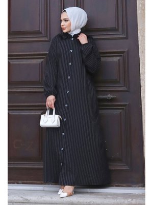 Siyah Büyük Beden Çıkarılabilir Kapüşonlu Boydan Düğmeli Ferace