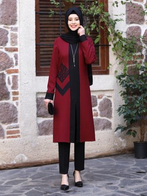 Bordo Beyza Tunik & Pantolon İkili Abiye Takım Bordo Beyza Tunik & Pantolon İkili Abiye Takım