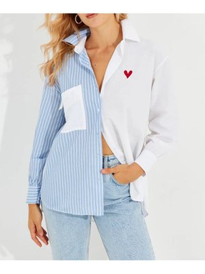 Beyaz Mavi Çizgili Kalpli Gömlek