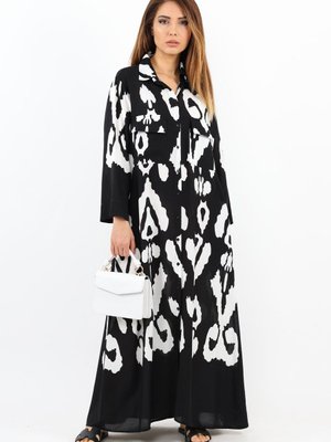 Prive Larin Viskon Siyah Krem Yaka Önden Düğmeli Uzun Yazlık Gömlek Elbise