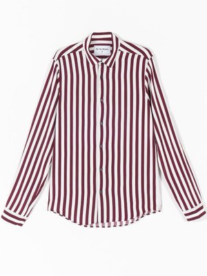 Viskon Doğal Kumaş Çizgili Modest Uzun Bordo Gömlek