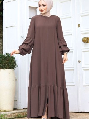 Çift Balon Kol Detaylı Eteği Volanlı Ferace Kahverengi