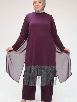 Mürdüm Büyük Beden Püskül Detaylı Arkası Şifon Pantolonlu Takım Mürdüm Büyük Beden Püskül Detaylı Arkası Şifon Pantolonlu Takım