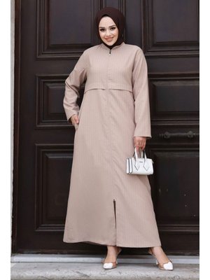 Bej Pat Detaylı Boydan Fermuarlı Ferace