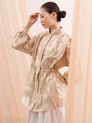 Bel Büzgülü Jakar Ceket Bej