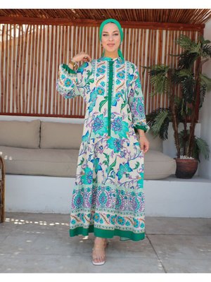 Alaçatı Viskon Yazlık Altı Sulu Elbise Zümrüt Yeşili