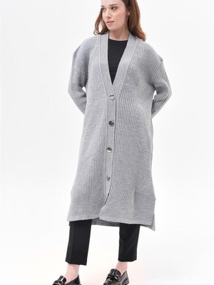 Metal Düğme Detaylı Gri Uzun Hırka