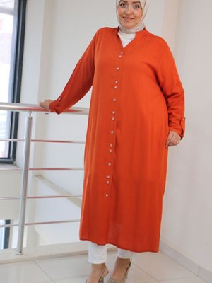 Kiremit Büyük Beden Düğmeli Hakim Yaka Dokuma Bürümcük Tunik